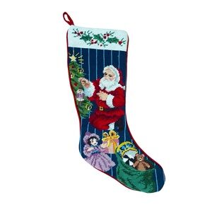 Santa Claus Present Children Christmas Needlepoint Stocking Holiday 18”Felt Back